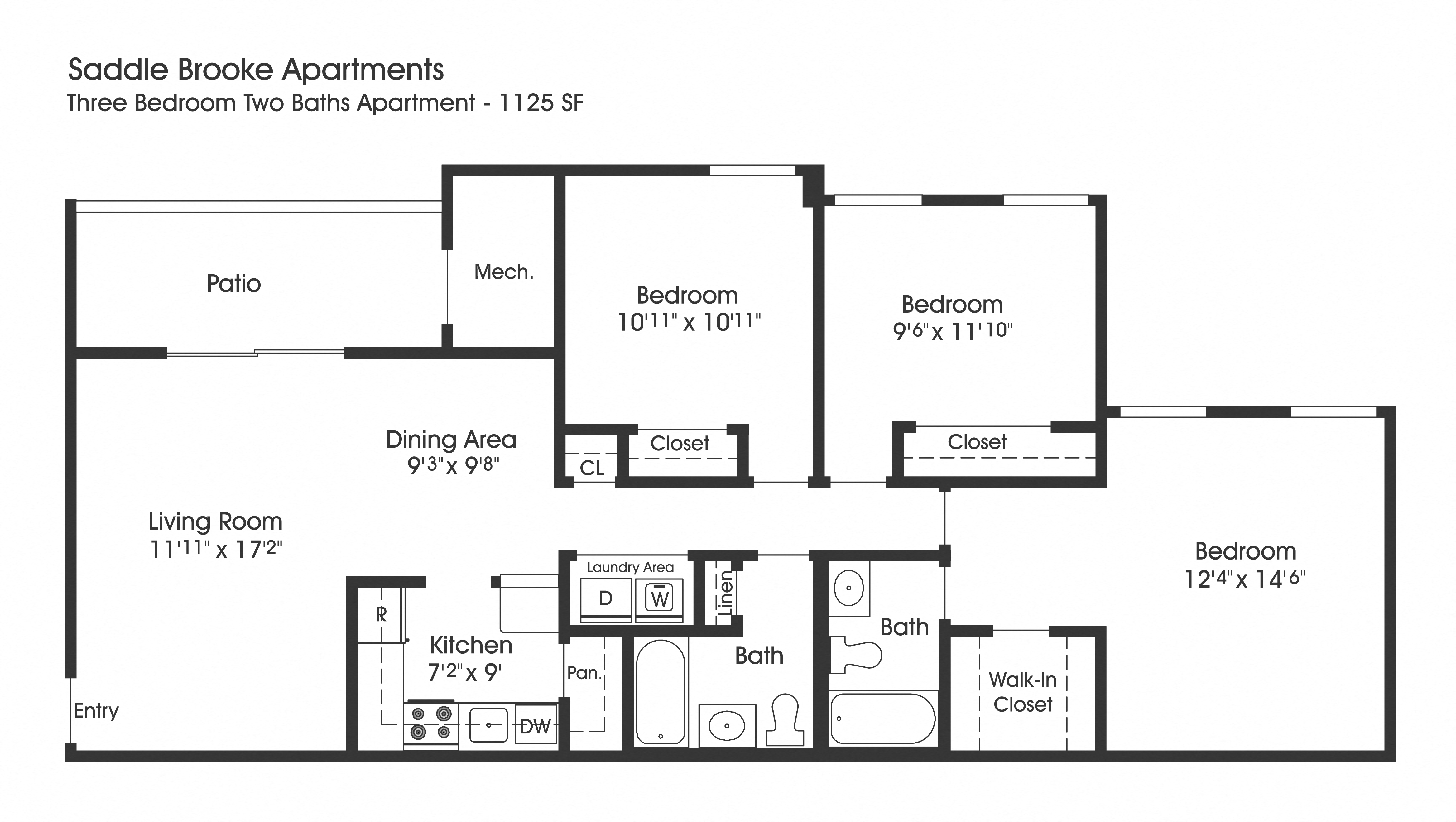 Floor plan for 3 beds, 2 baths, 1125 sqft
